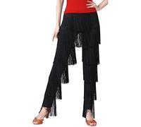 SEAUR Fringe Latin Dance Trousers for Women Girls Multi-Layer Tassel Ballroom Tango Pants Dancing Practice Performance Pants, Black L