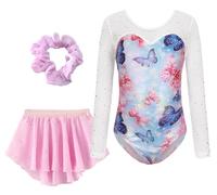 SEAUR Girls 3 PCS Shiny Rhinestone Gymnastics Leotards Long Sleeve Jumpsuit with Removable Skirt and Hairband Dancewear Pink Blue Butterfly 5-6 Years