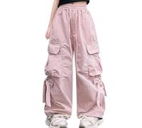 SEAUR Girls High Waist Baggy Pants Y2K Cargo Casual Trousers with Pockets Drawstring Parachute Pants with Bowknot Pink 9-10 Years