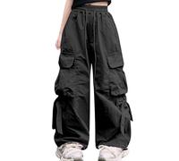 SEAUR Girls High Waist Parachute Pants with Bowknot Drawstring Baggy Pants Y2K Cargo Casual Trousers with Pockets Black 10-11 Years