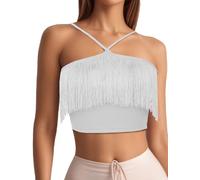 SEAUR Halter Fringe Top Women's Festival Crop Top Latin Dance Fringe Crop Top Nashville Outfit Rave Party UK Concert Soft Removable Pads Cowgirl White L