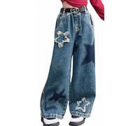 SEAUR Hip Hop Baggy Jeans Girls Straight Leg Jeans High Waisted Wide Leg Jeans Girls Casual Loose Fit Jeans Star Pleated Denim Pants 13-14 Y