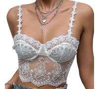 SEAUR Lace Sexy Flower Embroidery Pure Desire Ins Style Pearl Design Tank Top Camisole Corsets Mesh Top Back Button Fastener Lace Corset Top Pearls White S