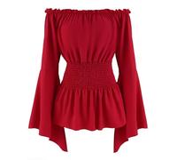 SEAUR Ladies Renaissance Medieval Shirt Off Shoulder Trumpet Sleeve Costume Viking Pirate Top Stage Performance Red M