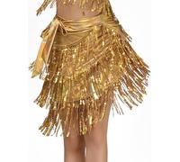 SEAUR Latin Dance Skirt Women Tassel Shiny Metallic Hip Scarf Belly Dance Tango Samba Gold