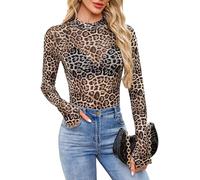 SEAUR Long Sleeve Mesh Tops for Women Leopard Print Sheer Shirt Mock Neck See Through Sexy Top S
