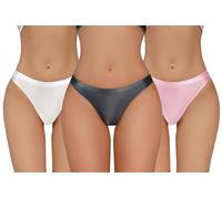 SEAUR Low Waisted Thongs Breathable Glossy Oil Panties for Women Metallic Rave Knickers Seamless Underwear 3 Pack White/Pink/Grey UK size S