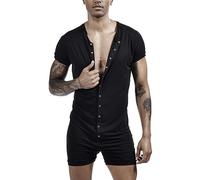 SEAUR Men’s One Piece Sleepwear Knitted Fitted Nightshirt Oneise Henley Jumpsuit Button Down Bodysuit Pajamas Underwear Overalls Outfits Black XXL