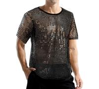SEAUR Men's Disco-Ready Sparkling Top Breathable Sheer Fabric with Reflective Sequins for All-Night Dancing Stage Performances Black M