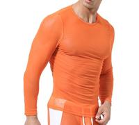 SEAUR Men's Mesh See Through Shirt Sheer Long Sleeve Muscle Undershirts Top Tee Transparent Round Neck Slim Fit T Shirt 2024 Orange