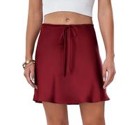 SEAUR Mini Skirt for Women Casual High Waist Stain Silk A-Line Mini Skirts Ladies Drawstring Summer Short Solid Color Club Party Skirt, Wine Red Size L