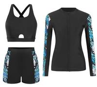 SEAUR Modest Swimwear Women Rash Guard Long Sleeve Swimsuits Bathing Suit Surfing Quick Dry Zip-Up with Built-in Bra Sun Protection Boyshorts L Black/Blue
