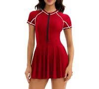 SEAUR Rash Guard for Women Solid Color One Piece Modest Swimsuits Front Zipper Short Sleeve Swimsuits UV UPF 50+ Swim Skirt Dress Rash Guard Swimwear Red