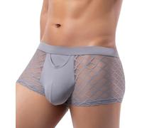 SEAUR Sexy See Through Bulge Boxer Shorts for Men Sexy Low Rise Lace Mesh Trucks Puch Stretch Underwear Sleep Bottoms U Convex Boxer Breifs Underpants Grey L