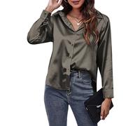 SEAUR Silk Shirts Women Satin Blouse Button Down Shirt Casual Long Sleeve Office Work Tunic Tops S Dark Gray