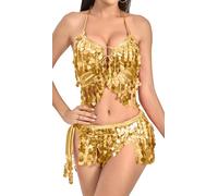 SEAUR Sparkly Sequin Skirt Top Set Women Belly Dance Outfit Fringe Costume 2 Piece Adjustable Back Tie Stage Show Indian Dance Performance Carnival Golden