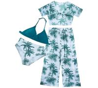 SEAUR Stitch Swimsuit Girls 4 Pieces Children Bathing Suit Bikini Set with Short Sleeves Cover-up Kids Breathable Swimwear Age 8-12 Swimming Costume Holiday