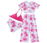 SEAUR Swimming Costumes for Girls 4 Pieces 8-12 Years Stitch Swimwear with Short Sleeves Cover-up Kids Bathing Suit Bikini Set Breathable Swimsiut Pink Holiday