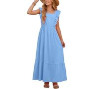 SEAUR Teen Girl Dresses with Bow Square Neck Ruffle Sleeve Backless Tie Flowy A-Line Long Maxi Dress for Summer Beach Casual Outings Blue 14-15 Years