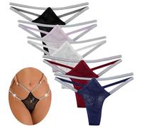 SEAUR Thongs for Women Low Rise Lace G-String Hollow Out Transparent Mesh Floral Knickers Sparkly Glitter Breathable Underwear Lingerie 5 Pack M
