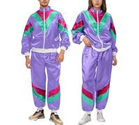 SEAUR Vintage 80s Aerobics Tracksuit Shiny Satin Jogging Suit Geometric Print Halloween Costume Men Women Oversize Fit Disco Night Theme Party Cosplay Breathable Streetwear Collection Purple L