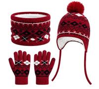 SEAUR Winter Hat Scarf Gloves Set Kids with Vintage Fair Isle Knit Pattern | 3PCS Warm Bobble Hat with Earflaps Scarf and Touchscreen Gloves Set, Plush Fleece Lining, Winter Set for Kids Age 5-12
