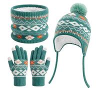 SEAUR Winter Hat Scarf Gloves Set Kids with Vintage Fair Isle Knit Pattern | 3PCS Warm Bobble Hat with Earflaps Scarf and Touchscreen Gloves Set, Plush Fleece Lining, Winter Set for Kids Age 5-12