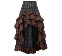 SEAUR - Women Gothic Steampunk Skirt Pleated Maxi Skirts Vintage Victorian Skirt High Waist Lace Ruffled Party Cake Skirt Brown