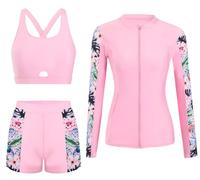 SEAUR Women’s 3 Piece Long Sleeve Rash Guard Swimsuits Modest Swimwear Bathing Suit Surfing Sun Protection Zip-Up Swimwear Boyshorts Swim Shirt M Pink