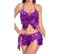 SEAUR Women Sequin Fringe Skirt Top Set Sparkly 2 Piece Belly Dance Outfit Adjustable Back Lace Up Hip Scarf Carnival Festival Party Stage Performance