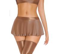 SEAUR Women Shiny Oil Glossy Skirt Seamless Smooth Sexy Mini Ruffled Pleated Skirts Sheer See Through Slim Fit Bodycon Skirt, Brown, L