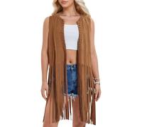 SEAUR Women Tassel Fringe Vest 70s Hippie Faux Suede Sleeveless Jacket Cardigan Tops Cowgirl Top Festival Jacket Country Western Clothing Sleeveless Denim Waistcoat FAW M