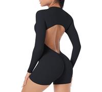 SEAUR Women Workout Jumpsuits Backless Scrunch Butt Yoga Gym Sports Romper Long Sleeve Zip Up XL