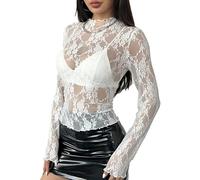 SEAUR Womens 2025 Lace Sheer Mesh Top Crewneck Shirts Sexy Y2k See Through Going Out Long Sleeve Blouse White 2XL