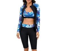 SEAUR Women's 3 Piece Swimsuit 50+ UPF Long Sleeve Front Zipper Floral Printed Rash Guard Shirt High Waist Boyshorts Push Up Swim Bra Bathing Suit Light Blue XL 2026