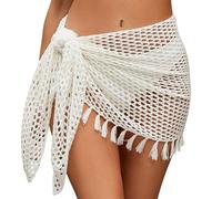 SEAUR Women's Crochet Skirt Beach Short Transparent Beach Skirt Drawstring Wrap Skirt Mini Sarong Pareo Crochet Bikini Cover Up Fishnet Wrap S-XL, Pareo with Fringes - White, M