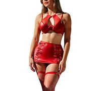SEAUR Women's Gathering Underwire Bra Set Sexy Transparent Matte Leather Mesh Skirt Set Halter Neck Cage Strap Bra 4 Pieces Red M