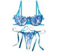 SEAUR Women's Lace Up Lingerie Mesh Set See Through Bra Panties Set Suspender Set Lingerie See Through Bra Panties Set Embroidered Lace Underwear Blue M