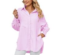 SEAUR Women's Pink Striped Blouse Long Sleeve V Neck Tops Collared Summer Elegant Split Hem Dress Shirt S