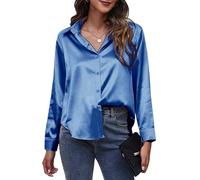 SEAUR Women's Satin Button Down Shirts Elegant Long Sleeve Lapel V Neck Shirts Casual Work Summer Fall Blouse Tops Blue L
