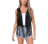 SEAUR Womens Sequins Fringe Waistcoat Cowboy Glitter Vest with Fringes Sleeveless Open Front Sparkly Tassel Jacket Cardigan Tops, Black L
