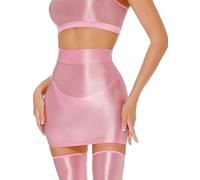 SEAUR Women's Shiny Mini Skirt See Through Pencil Mini Skirts Silky Stretchy Slim Bodycon Skirts Novelty Pleated Skirts Pink 2024 Fashion