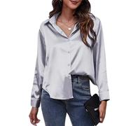 SEAUR Women's Silk Blouses Satin Button Down Shirts V Neck Long Sleeve Lady Shirt Casual Office Work Blouse Shirt Tops for Office Work Gray M