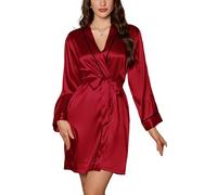 SEAUR Women's Silk Robe Shorts Long Sleeve V Neck Satin Bathrobe Lightweight Wedding Robes for Bridal Party Bride Bridesmaids Loungewear Red M
