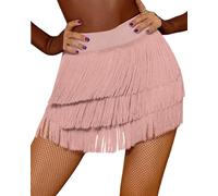 SEAUR Womens Tassel Skirt Latin Dance Skirt Irregular Fringe Skirt Belly Dance Skirt for Salsa Tango Ballroom Rumba Dancewear S Pink