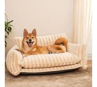 SEAVI Dog Sofas & Chairs, Double Layer Dog & Cat Sofa Bed, Trendy Striped Lambswool Double Layer Dog & Cat Sofa Bed, Breathable Calming Bed with Anti-Slip Bottom XL BeigeStripes