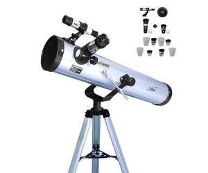 Seben 76/700 AZ astronomical reflector telescope including aluminium tripod, large eyepiece filter set