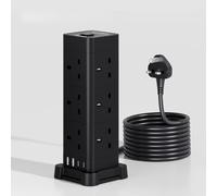 SEBLIP Tower Extension Lead with USB Ports, 3,250W 12-Socket Power Strip, with Surge Protection, 3m Cable and USB Charging Ports, for Home/Office Use (Black, Three layers)