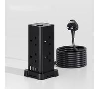 SEBLIP Tower Extension Lead with USB Ports, 3,250W 8-Socket Power Strip, with Surge Protection, 3m Cable and USB Charging Ports, for Home/Office Use (Black, Two layers)
