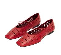 Seborluys Lace Up Square Toe Ballet Flats Shoes for Women Mary Jane Flat Shoe Breathable Leather Loafers Comfortable Slip-On Summer Ballerina Footwear for 2025, Red, 8 UK